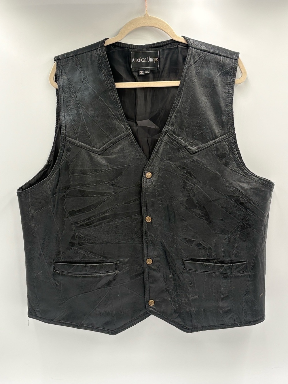 American Unique Genuine Leather Patchwork Vest Black Snap Front Men’s 4XL